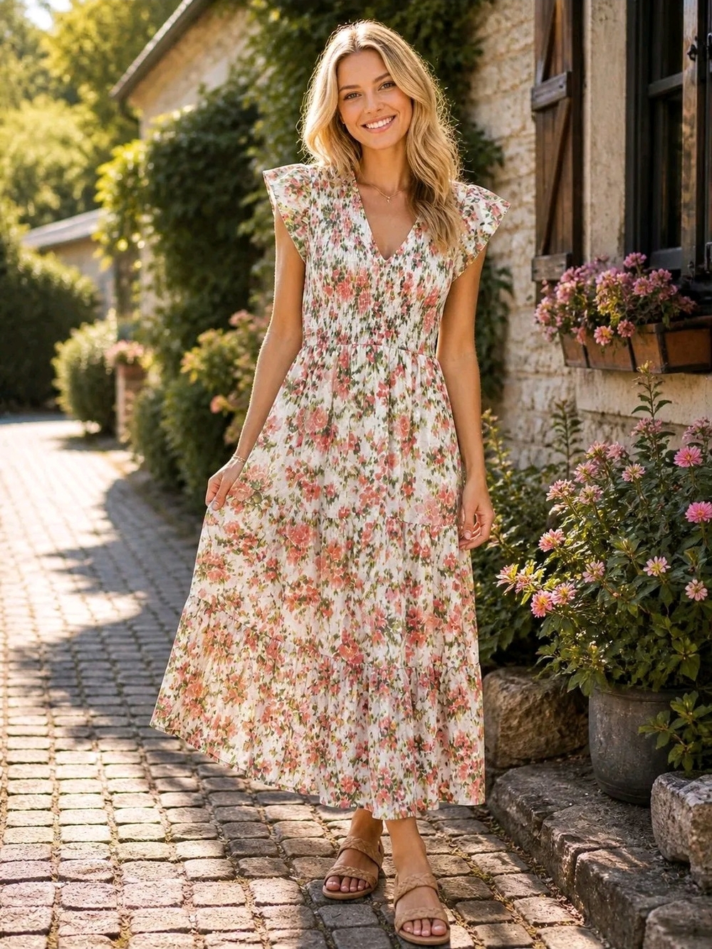 Smocked Floral Maxi Dress - Pink Floral